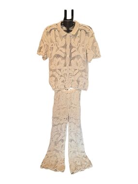 Beige Crochet Flared Pants Set - Women's Flare Pants & Short Sleeve Top